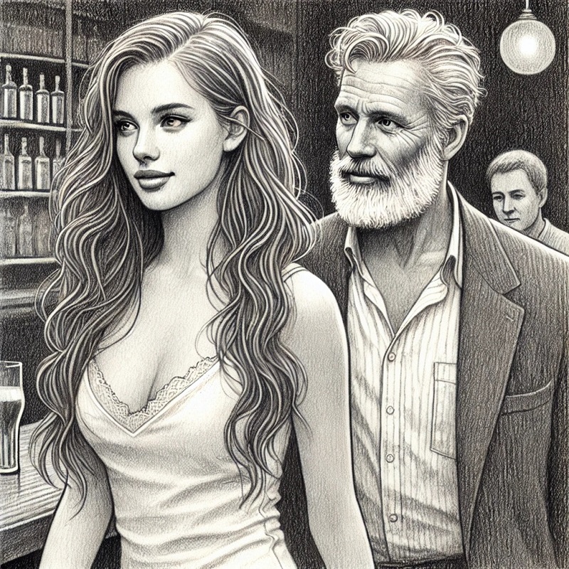 Pencil art illustration of a young woman leaving a bar with a man