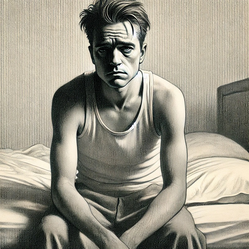 A pencil-drawing of a dejected man sitting on a bed, staring at the viewer.