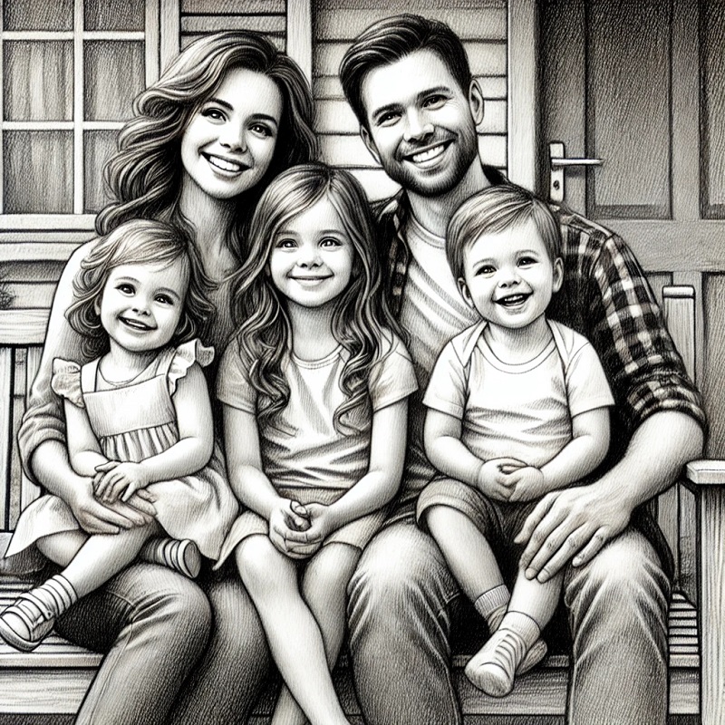 Pencil drawing of a happy family consisting of father, mother, and three children, sitting on a porch.