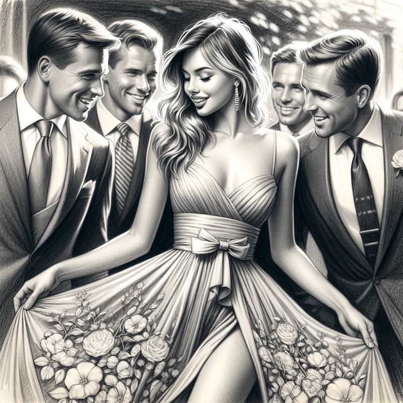 A pencil-drawing of three well-dressed handsome men flirting with a smiling woman.