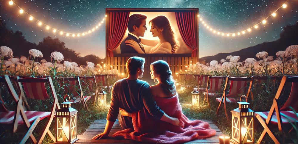 A full color illustration of a couple watching a romance movie in an outdoor theater.'